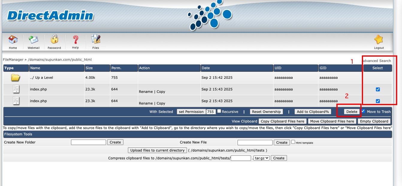 คลิก Select Folder หรือ ไฟล์ทั้งหมดที่อยู่ใน public_html ออกให้หมด จากนั้นกด ปุ่ม Delete ด้านล่าง | supunkan