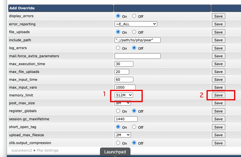 memory_limit Click เลือก 512M จากนั้นกด Save | supunkan