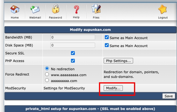 ModSecurity exclude Rule Click Modify... | supunkan