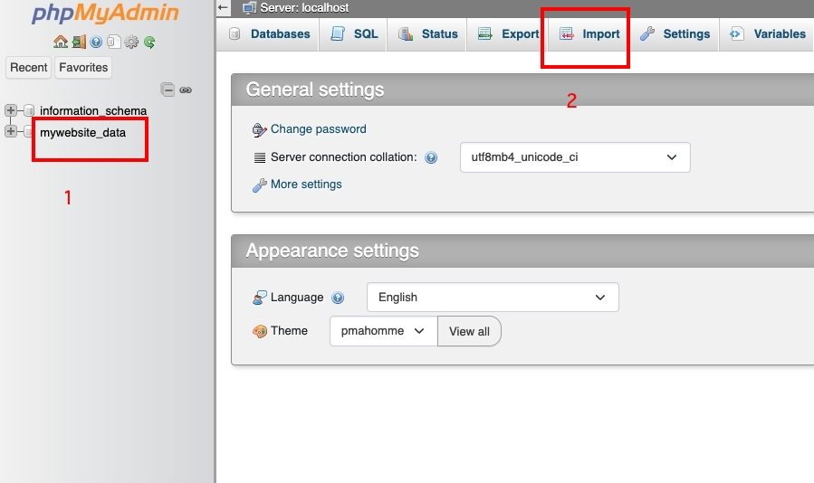 ติดตั้งฐานข้อมูลบน Phpmyadmin Click mywebsite_data จากนั้นกด Import | supunkan