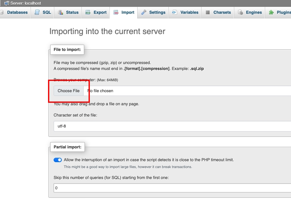ติดตั้งฐานข้อมูลบน Phpmyadmin Click Choose File | supunkan