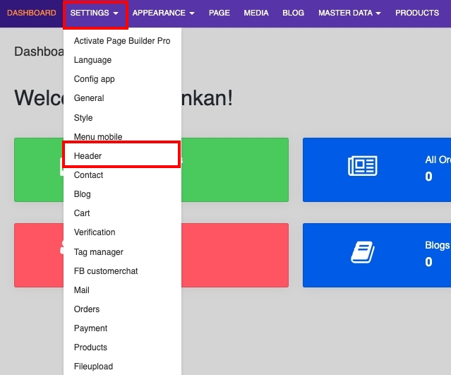 ตั้งค่าเมนู คลิกที่ Settings และ Header | supunkan