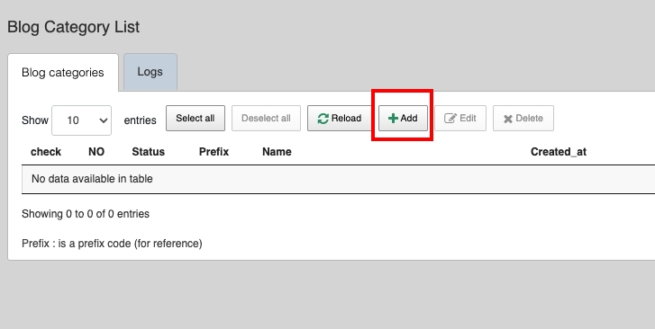 Add a blog category – click +Add | supunkan
