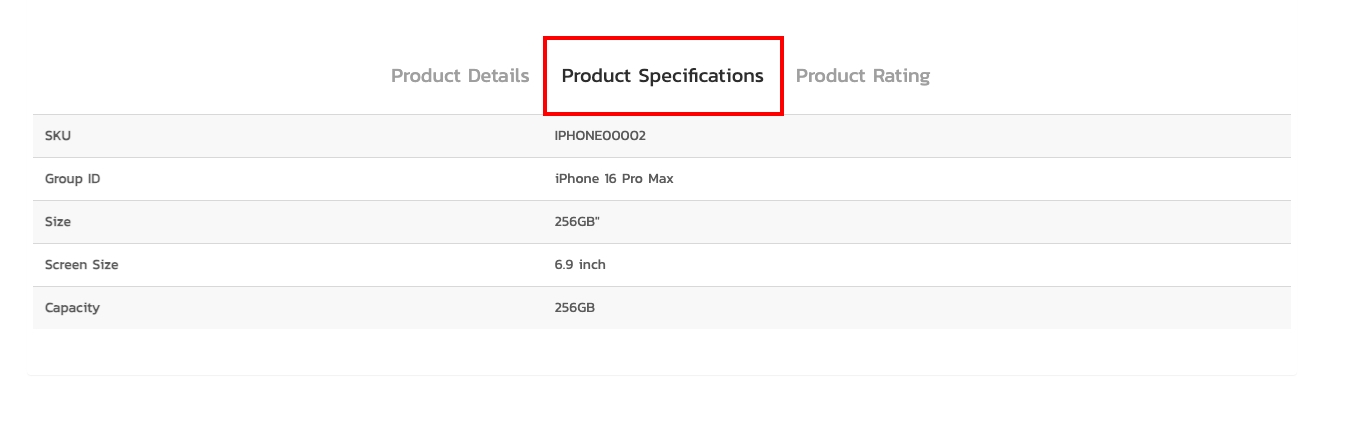 Product specifications display settings | supunkan