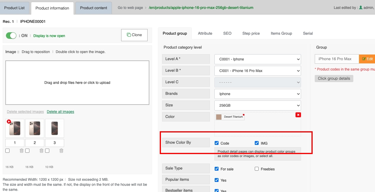 Show product size and color code | supunkan