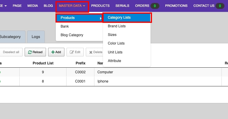 Manage Categories SETTINGS / Products / Category Lists | supunkan