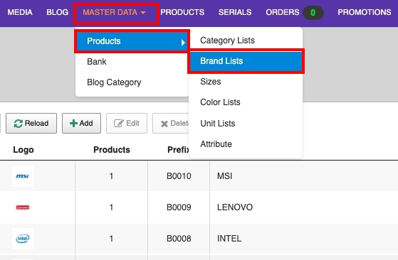 Manage Brands SETTINGS / Products / Brand Lists | supunkan