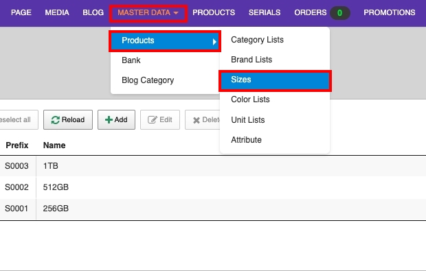 Manage Sizes SETTINGS / Products / Sizes | supunkan