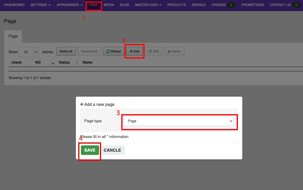 ไปที่ PAGE เลือก Pge type = Page จากนั้นกด SAVE | supunkan