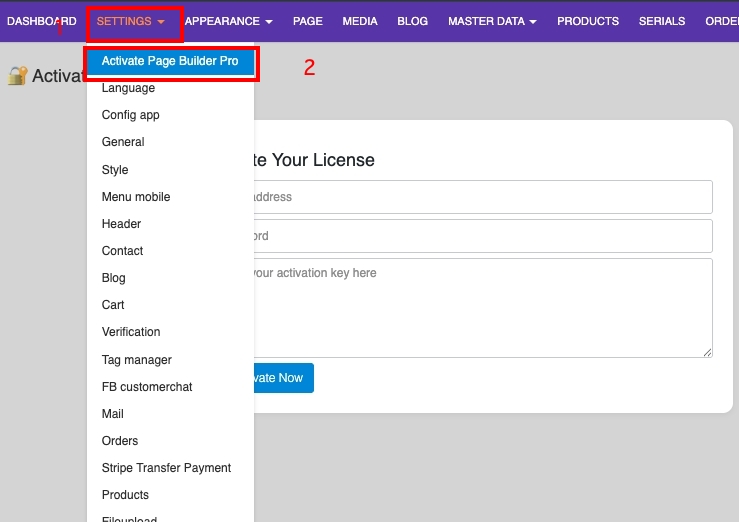 Set the language on your website. Go to Settings and select Activate Page Builder Pro | supunkan